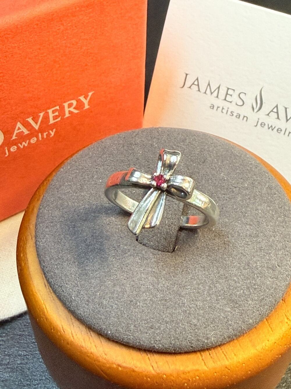 RETIRED James Avery 925 Sterling Ribbon Cross Ring w/Ruby (Lab Created) Sz 6.5